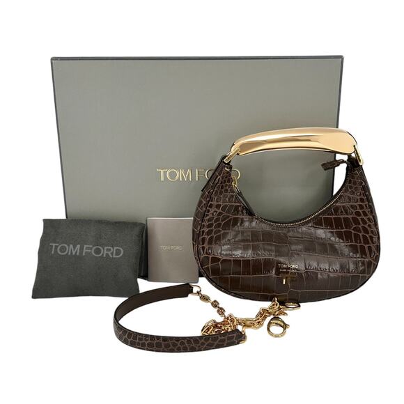 TOM FORD Calfskin Crocodile Embossed Mini Bianca Hobo Chestnut - Picture 3 of 13